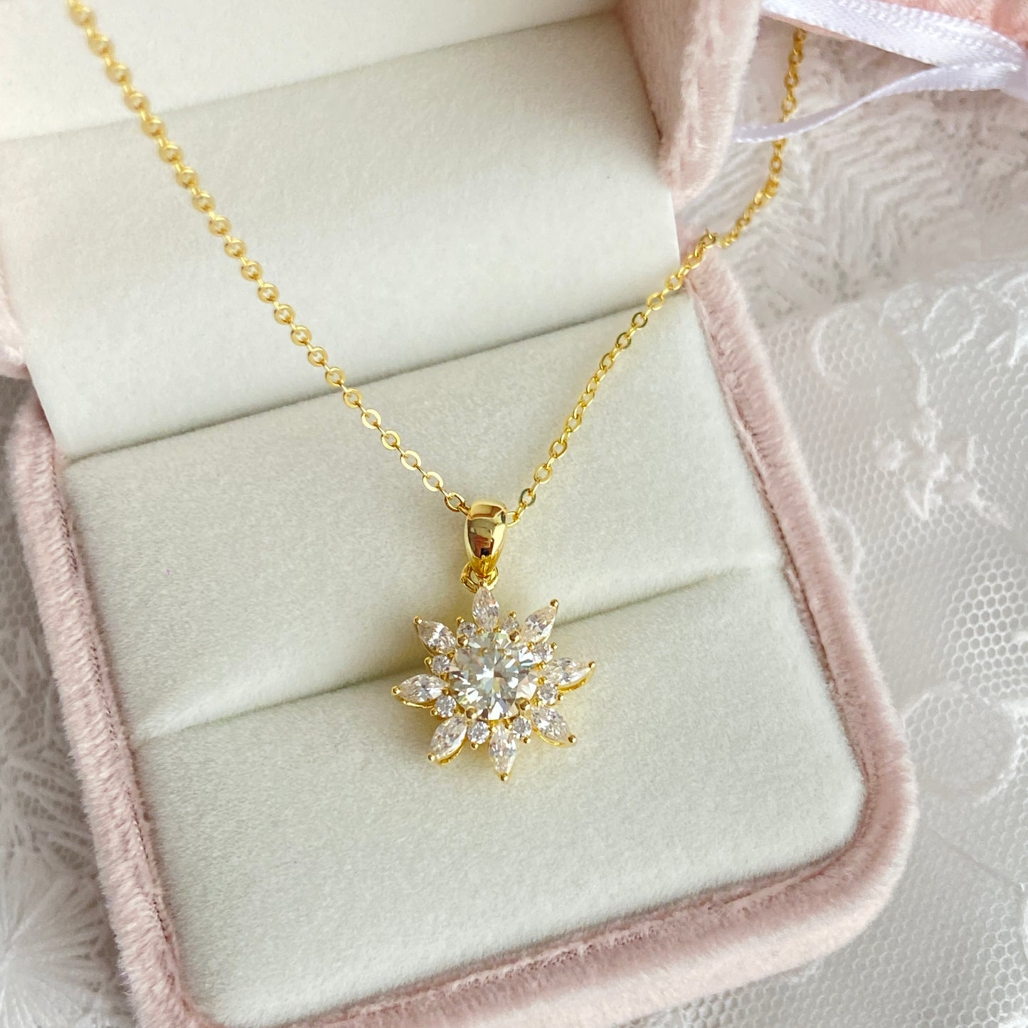 “Sunflare Bloom” 14K Gold Plated Brass 1CT Moissanite Sunflower Necklace