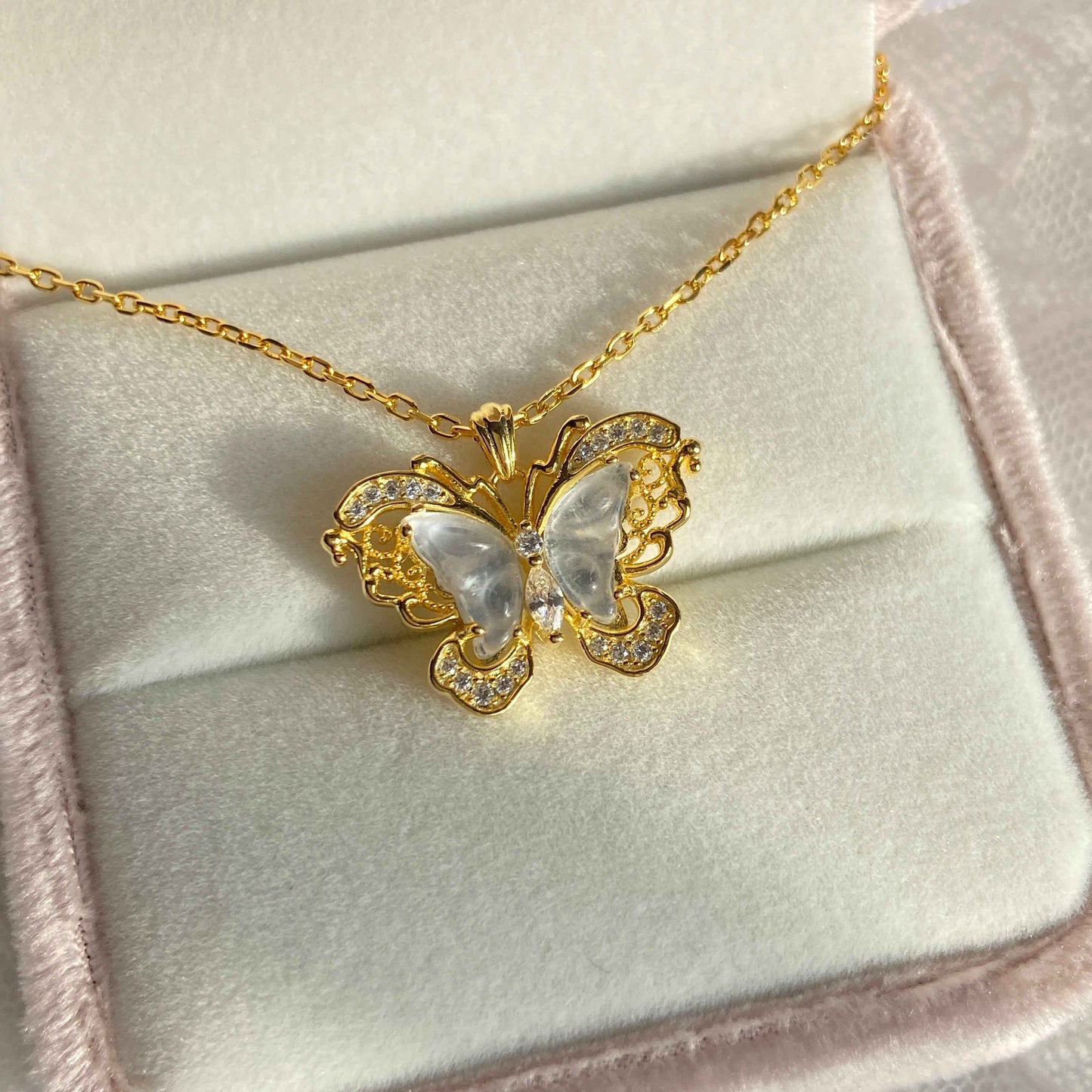 “Luna Papillon” S925 Sterling Silver Shuimo Jade Butterfly Necklace