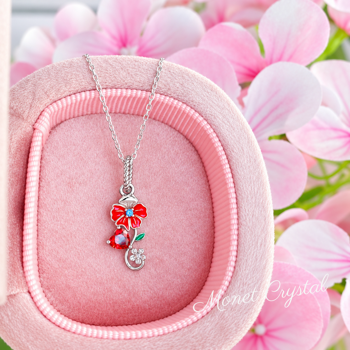 “January Carnation” S925 Sterling Silver Carnation Heart Zircon Necklace