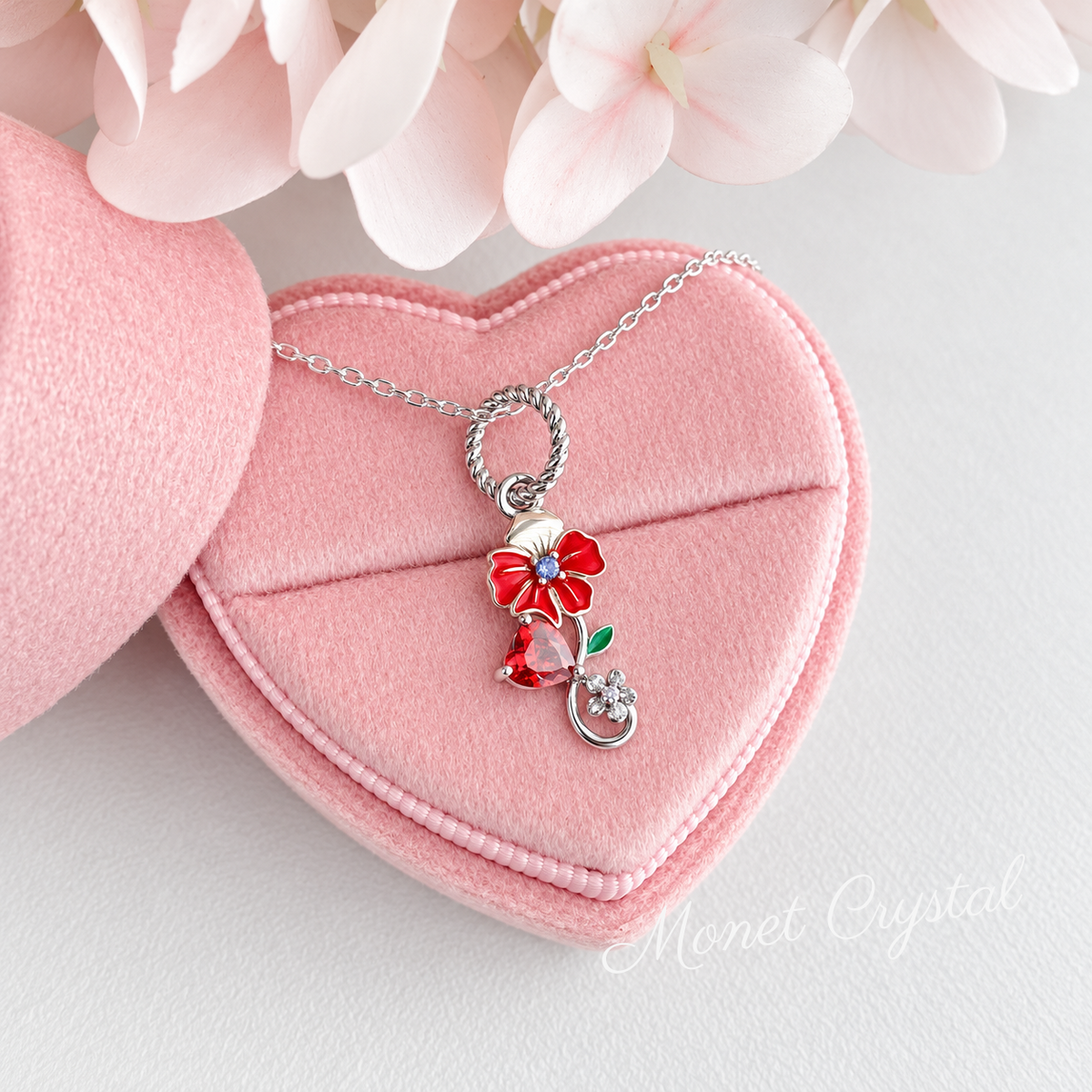 “January Carnation” S925 Sterling Silver Carnation Heart Zircon Necklace