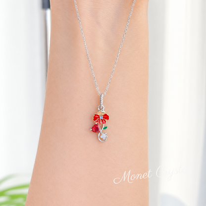 “January Carnation” S925 Sterling Silver Carnation Heart Zircon Necklace