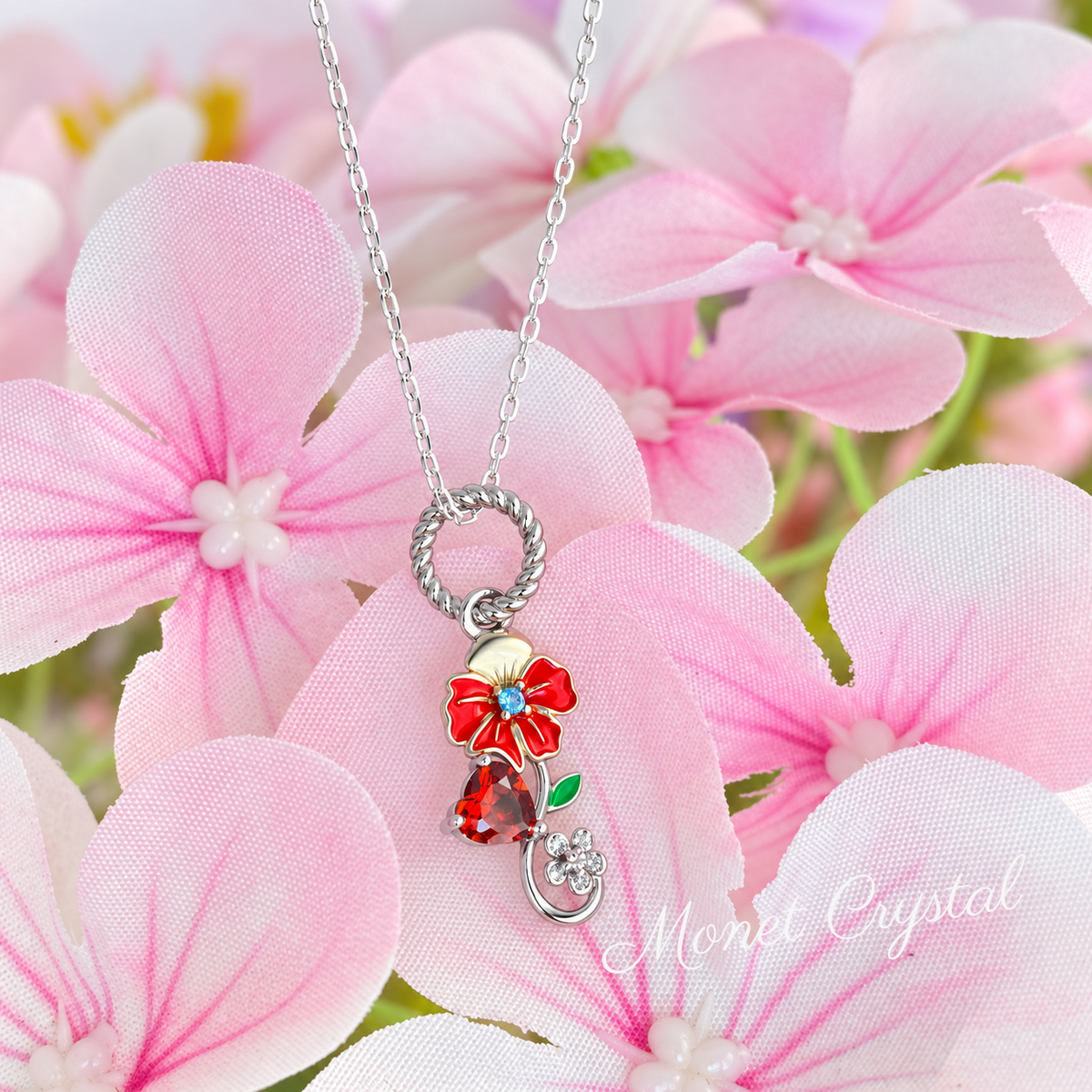 “January Carnation” S925 Sterling Silver Carnation Heart Zircon Necklace