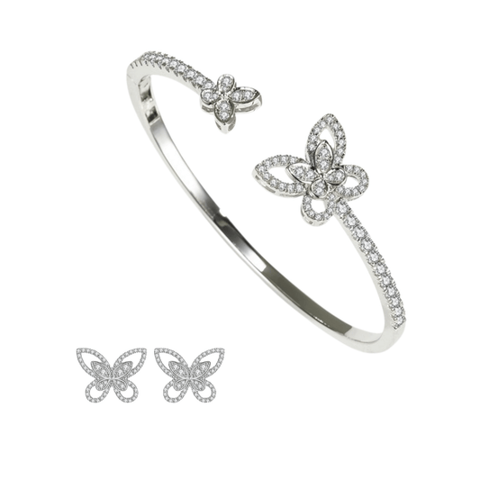 “Aurelia Mirage” Butterfly 925 Sterling Silver Stud Earrings & Open Bangle Set