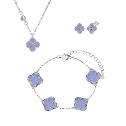 “Violet Clover Aura” 925 Sterling Silver Necklace · Earrings · Bracelet Set