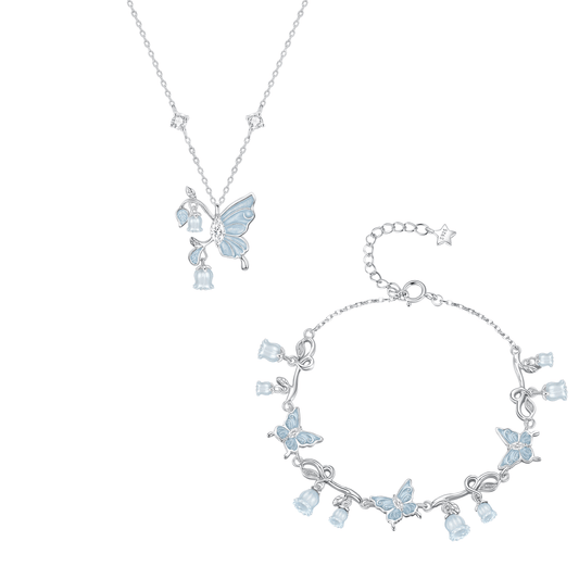“Bluebell Flutter” 925 Sterling Silver Butterfly & Lily of the Valley Necklace & Bracelet Set