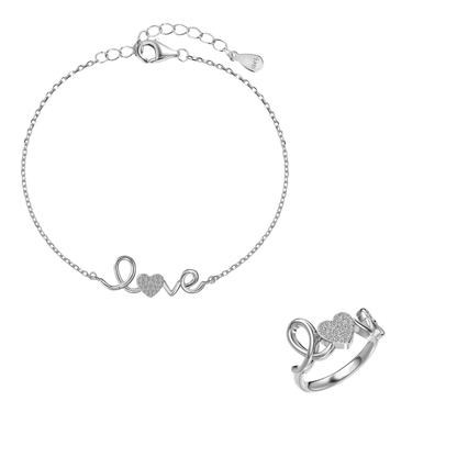 “Love Script” 925 Sterling Silver Pavé Heart Ring & Bracelet Set