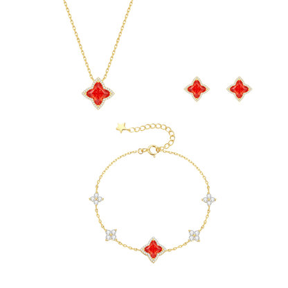 “Stellar Clover” Original Design 925 Sterling Silver Starburst Four-Leaf Clover Jewelry Set