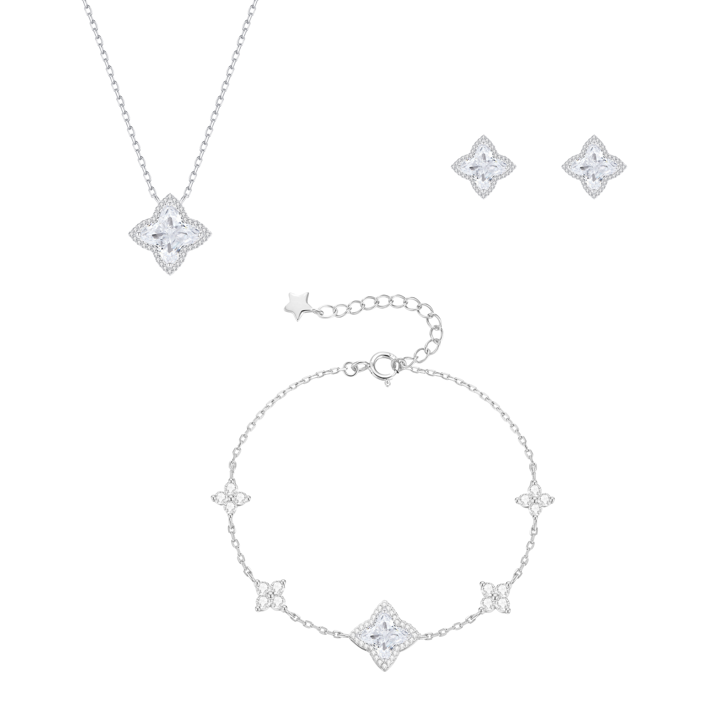 “Stellar Clover” Original Design 925 Sterling Silver Starburst Four-Leaf Clover Jewelry Set