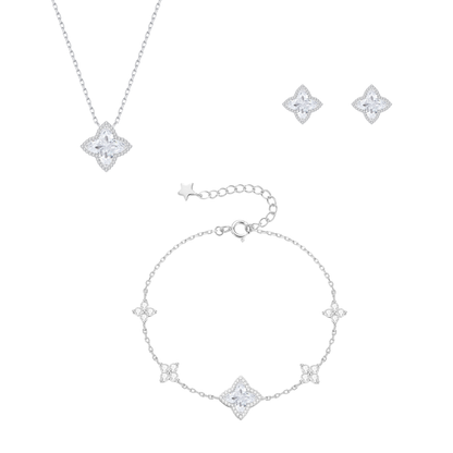 “Stellar Clover” Original Design 925 Sterling Silver Starburst Four-Leaf Clover Jewelry Set