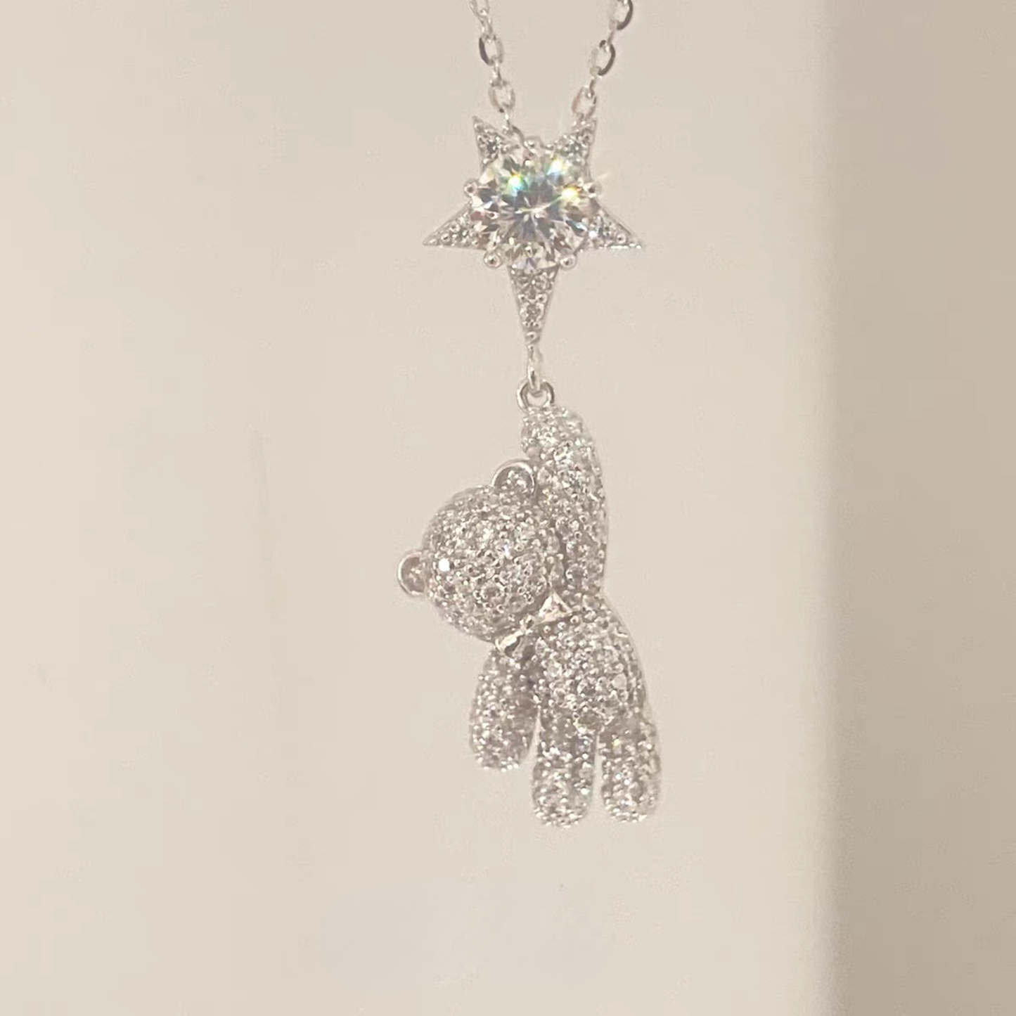 “Starry Bear Dream” 925 Sterling Silver Moissanite Teddy Bear Necklace