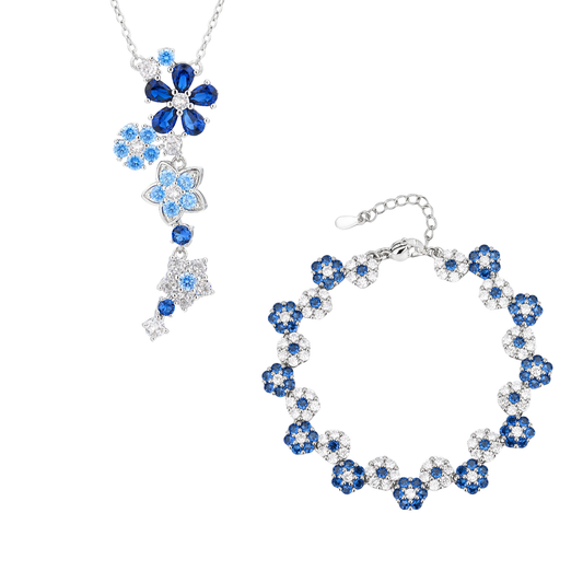 Azure Bloom Brass Zircon Floral Necklace & Bracelet Set