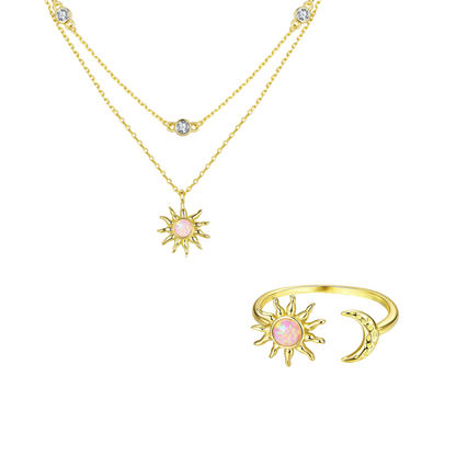 “Aurora Sol” 925 Sterling Silver Opal Sun & Moon Jewelry Set