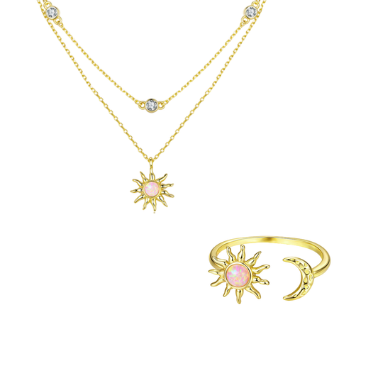 “Aurora Sol” 925 Sterling Silver Opal Sun & Moon Jewelry Set