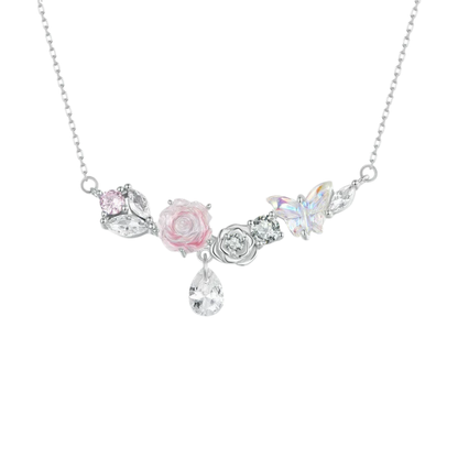 “Blossom Flutter” 925 Sterling Silver Butterfly Rose Necklace