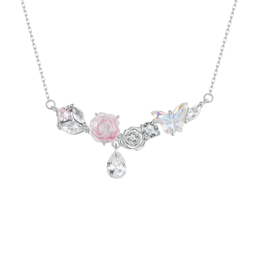 “Blossom Flutter” 925 Sterling Silver Butterfly Rose Necklace