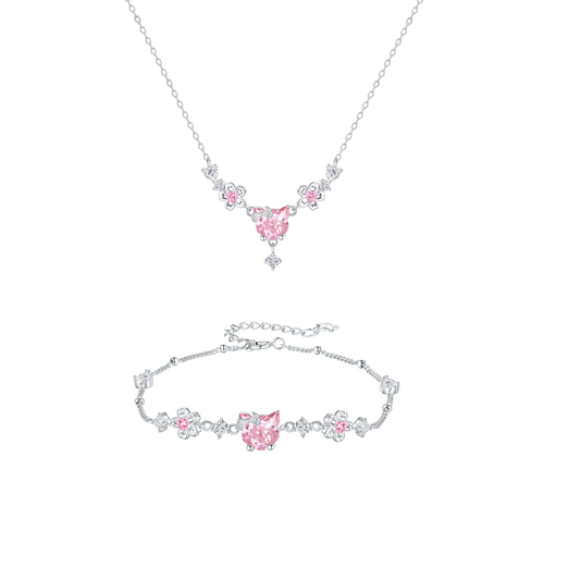 “Sakura Kitty” 925 Sterling Silver Pink Zircon Cat Necklace & Bracelet Set