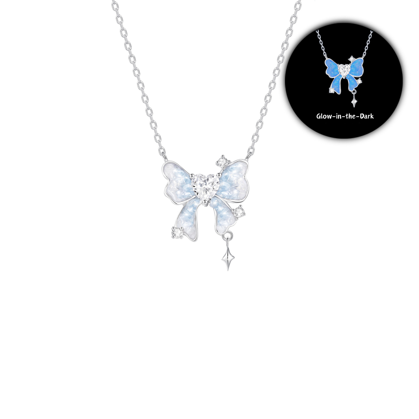 “Frostlight Bow” 925 Sterling Silver Glow Butterfly Bow Necklace
