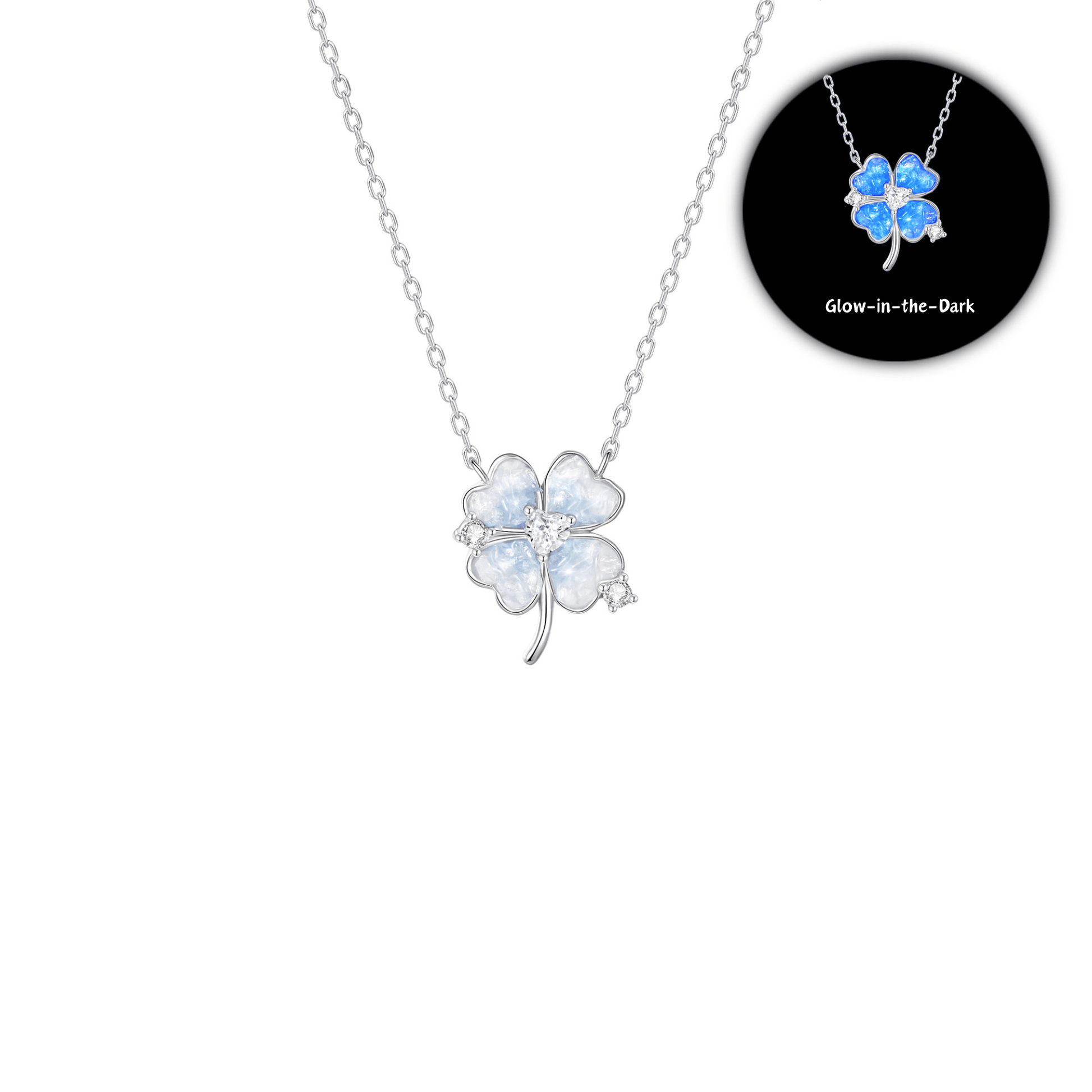 “Noctelle Clover” 925 Sterling Silver Glow Four-Leaf Clover Pendant Necklace