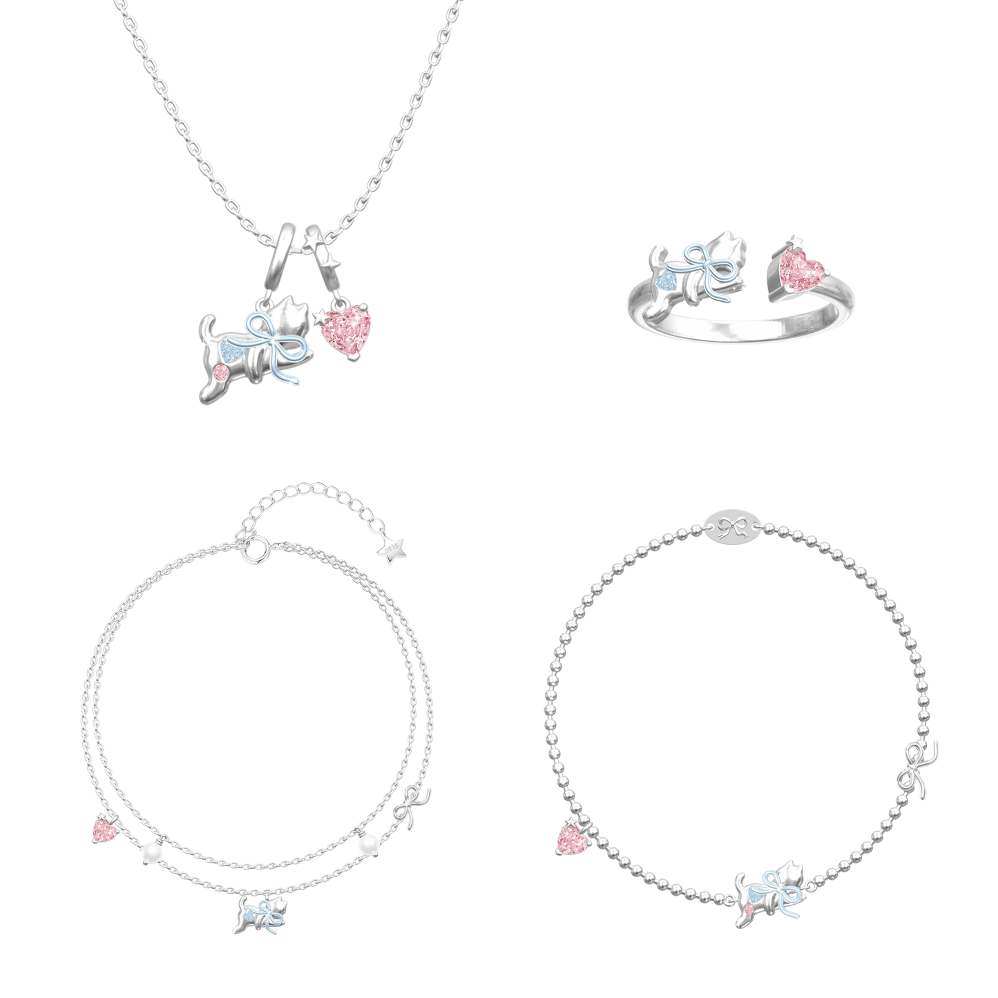 “Dreamcatcher Kitty” 925 Sterling Silver Pink Heart Bow Cat Jewelry Set