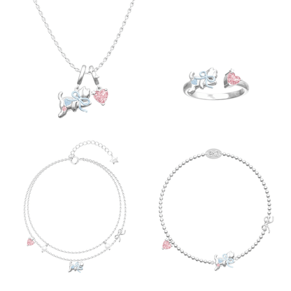 “Dreamcatcher Kitty” 925 Sterling Silver Pink Heart Bow Cat Jewelry Set