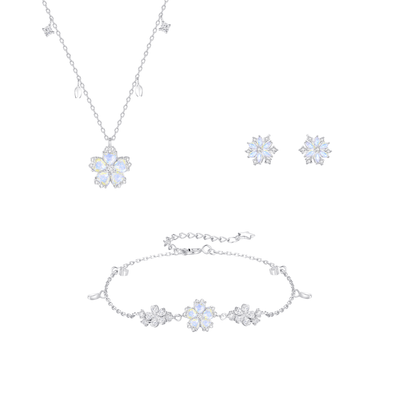“Petal Reverie” 925 Sterling Silver Rotating Sakura Necklace & Bracelet & Earrings Set
