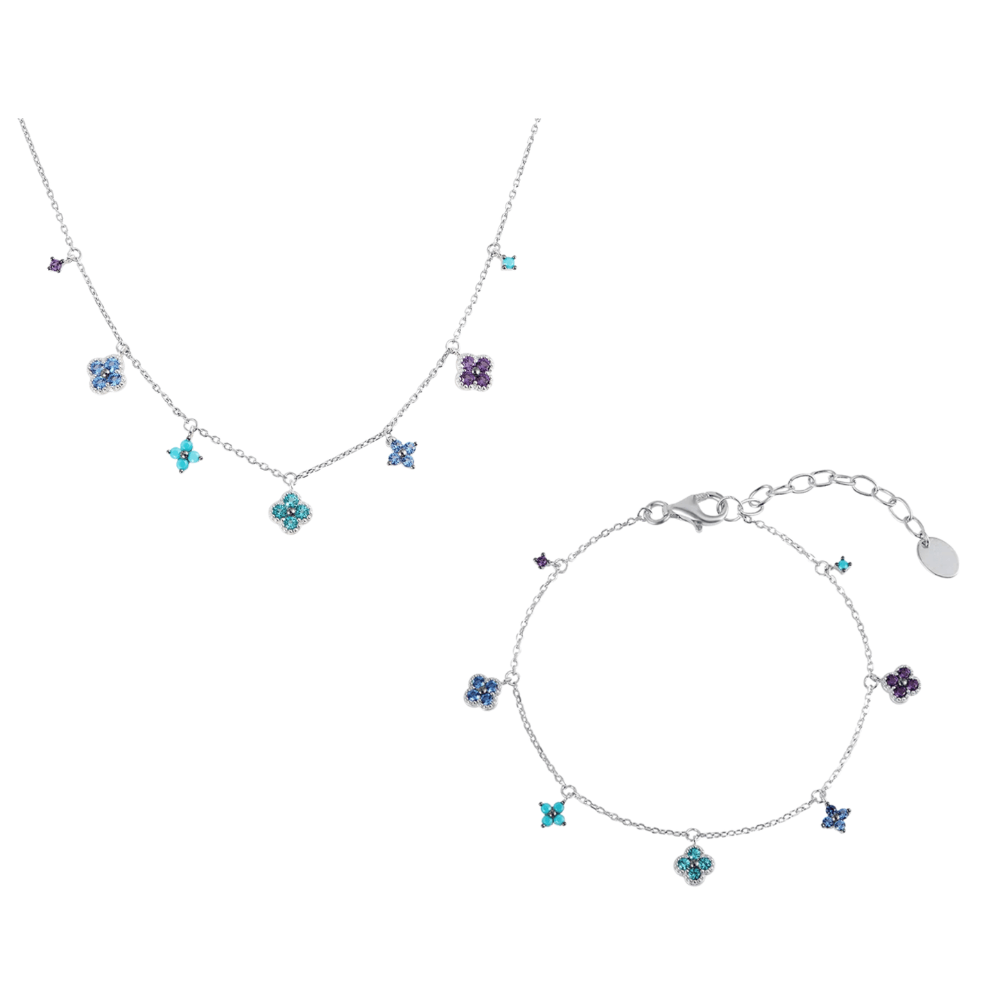 “Lucky Clover Garden” Sterling Silver Gemstone Necklace & Bracelet Set