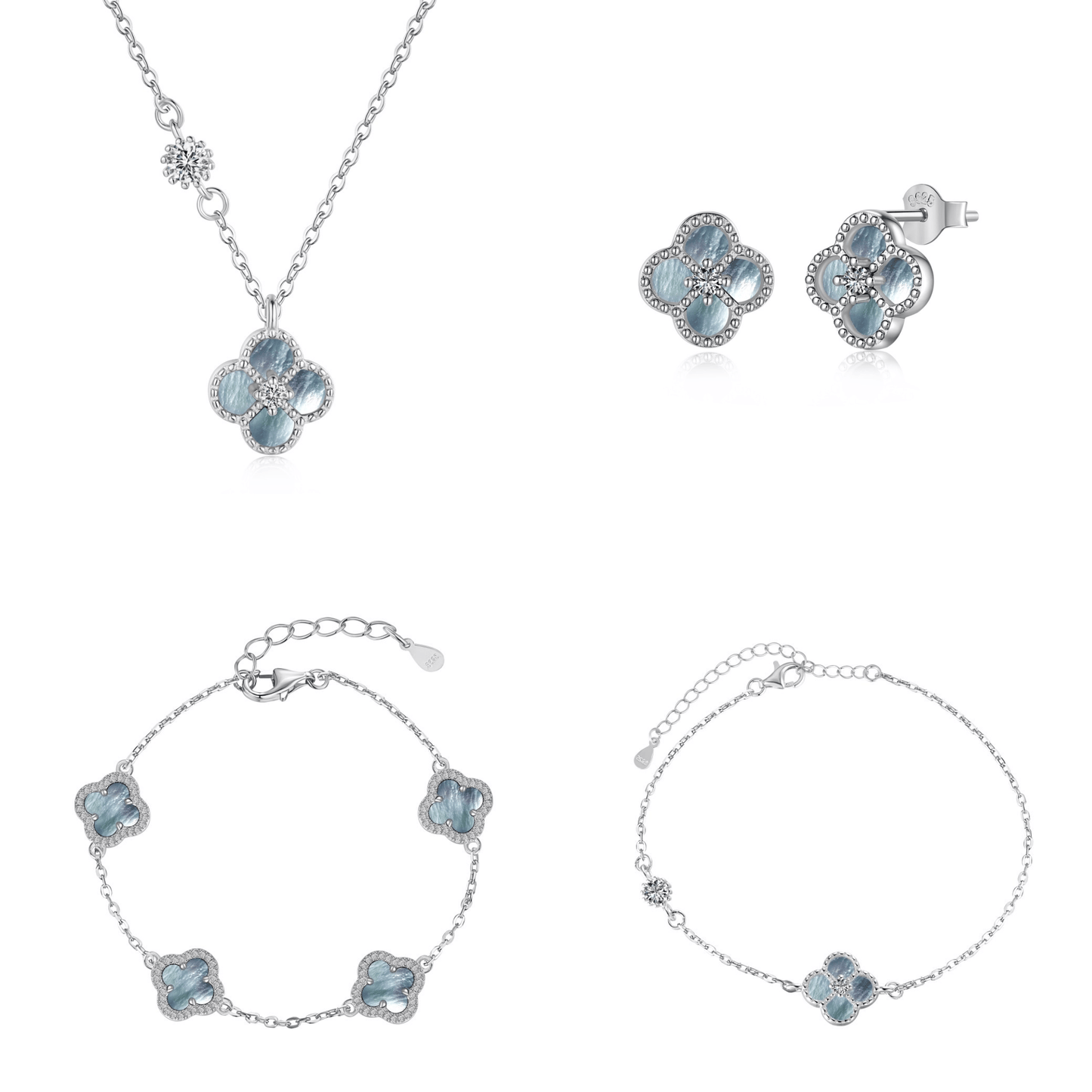 "Mist Petals" 925 Sterling Silver Mother-of-Pearl Clover Jewelry Set