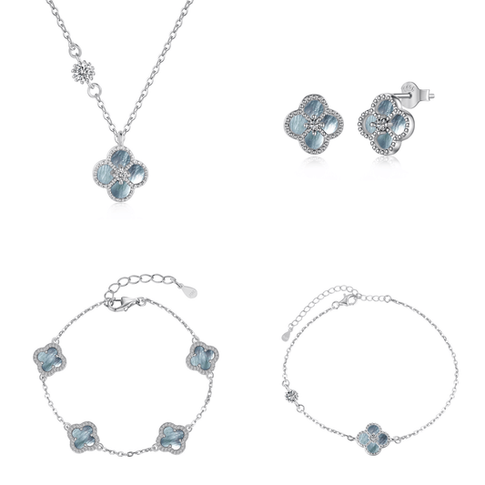 "Mist Petals" 925 Sterling Silver Mother-of-Pearl Clover Jewelry Set