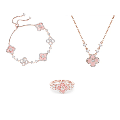"Spring Blossom Promise" Pink Clover Mother-of-Pearl Jewelry Set | Necklace, Bracelet, Ring & Earrings, 925 Sterling Silver