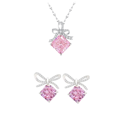 “Blush Ribbon” S925 Sterling Silver Pink Ice-Cut Bow Jewelry Set (Necklace & Earrings)