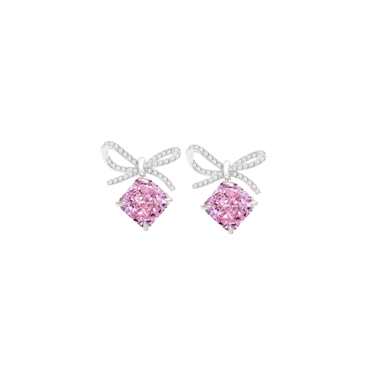 “Blush Ribbon” S925 Sterling Silver Pink Ice-Cut Bow Jewelry Set (Necklace & Earrings)
