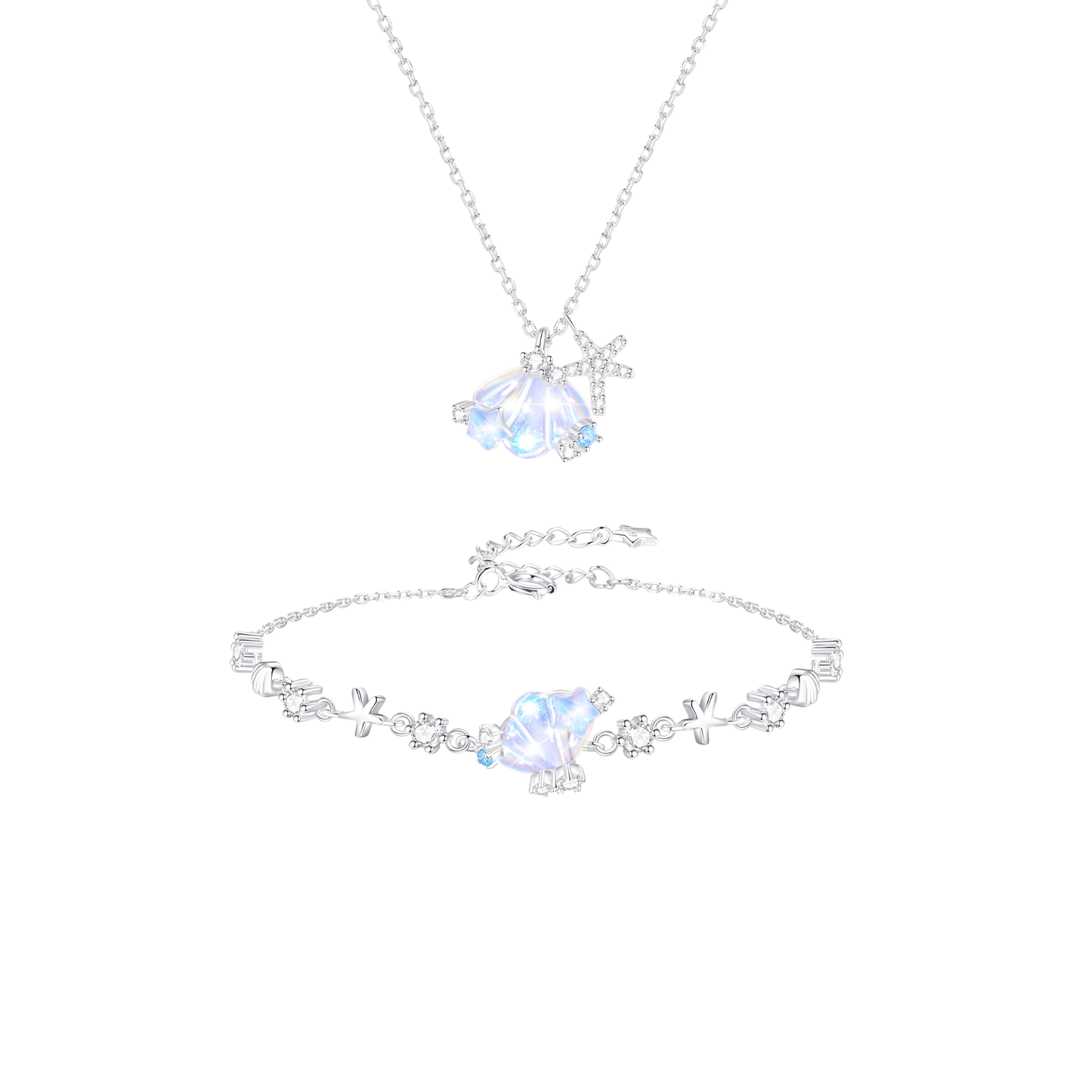 “Tidal Glow” S925 Sterling Silver Opalescent Shell & Starfish Jewelry Set (Necklace & Bracelet)