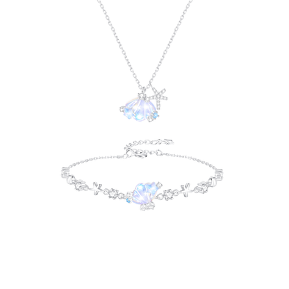 “Tidal Glow” S925 Sterling Silver Opalescent Shell & Starfish Jewelry Set (Necklace & Bracelet)