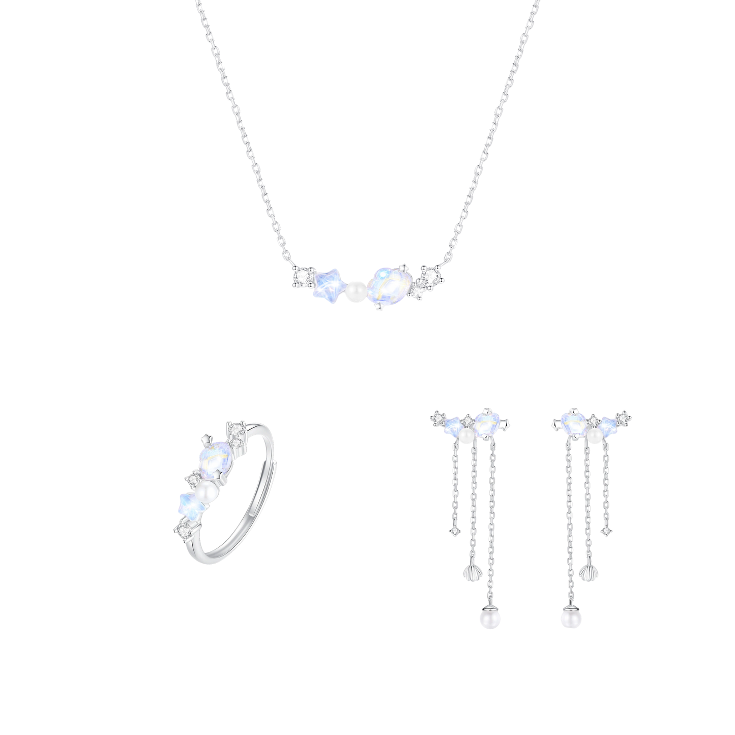 “Aurora Shell” S925 Sterling Silver Opalescent Shell Jewelry Set (Necklace, Earrings & Ring)