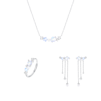 “Aurora Shell” S925 Sterling Silver Opalescent Shell Jewelry Set (Necklace, Earrings & Ring)