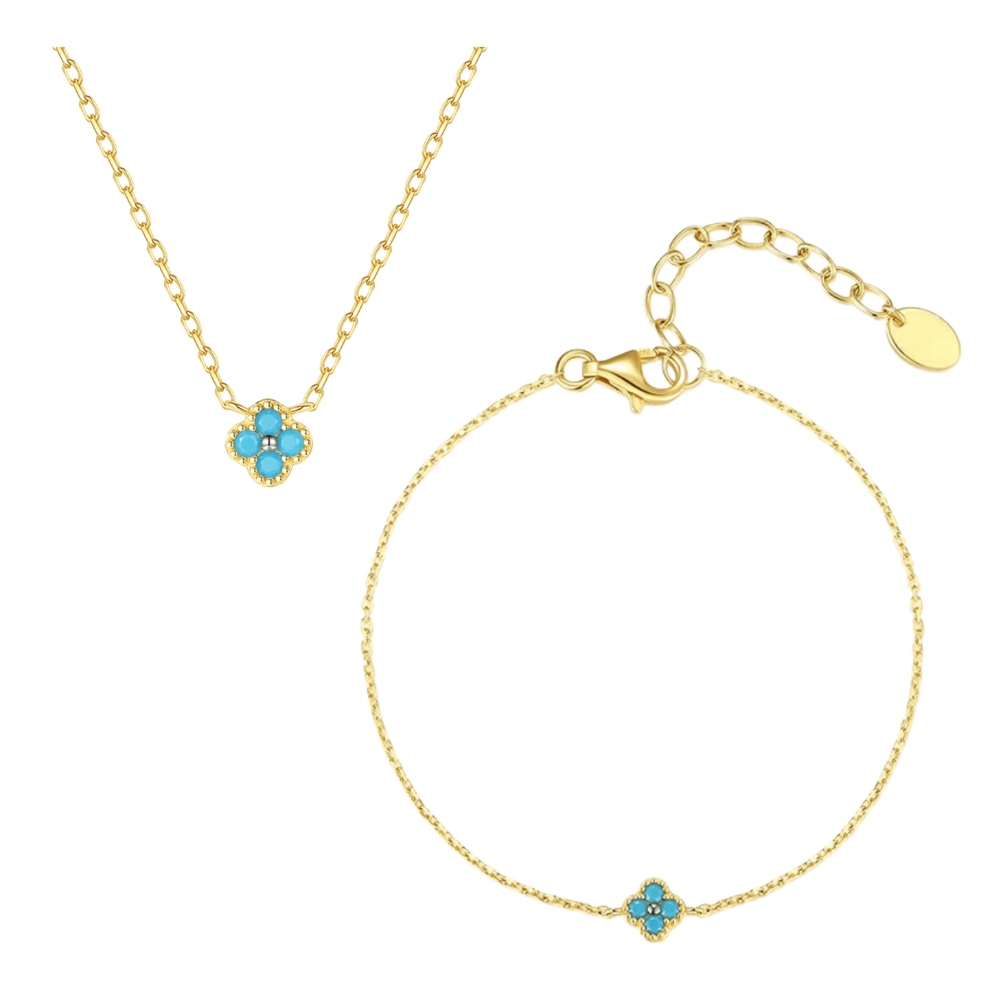 “Tiny Clover Luck” 925 Sterling Silver Mini Turquoise Necklace & Bracelet Set