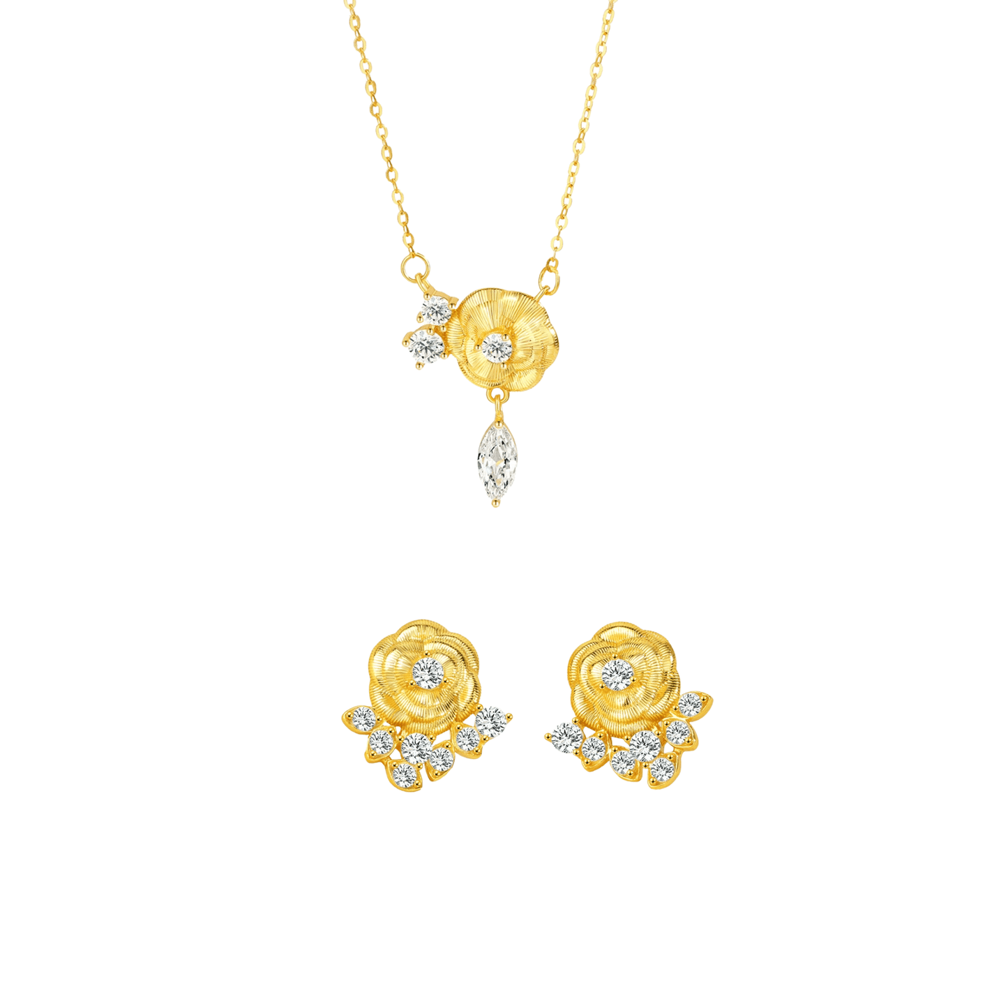 “Camellia Muse” S925 Sterling Silver Vintage Brushed Camellia Jewelry Set (Necklace & Earrings)
