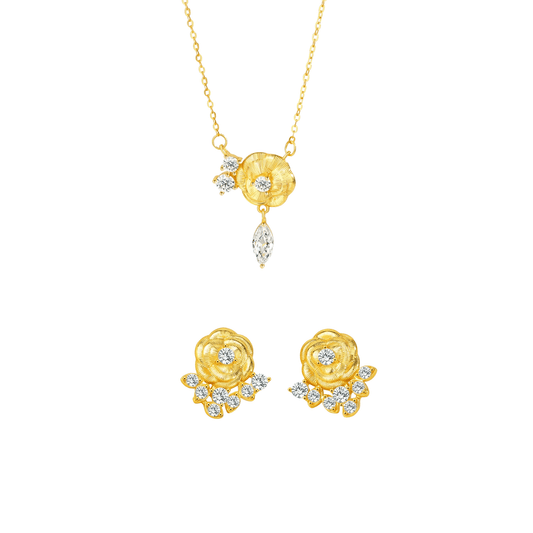 “Camellia Muse” S925 Sterling Silver Vintage Brushed Camellia Jewelry Set (Necklace & Earrings)