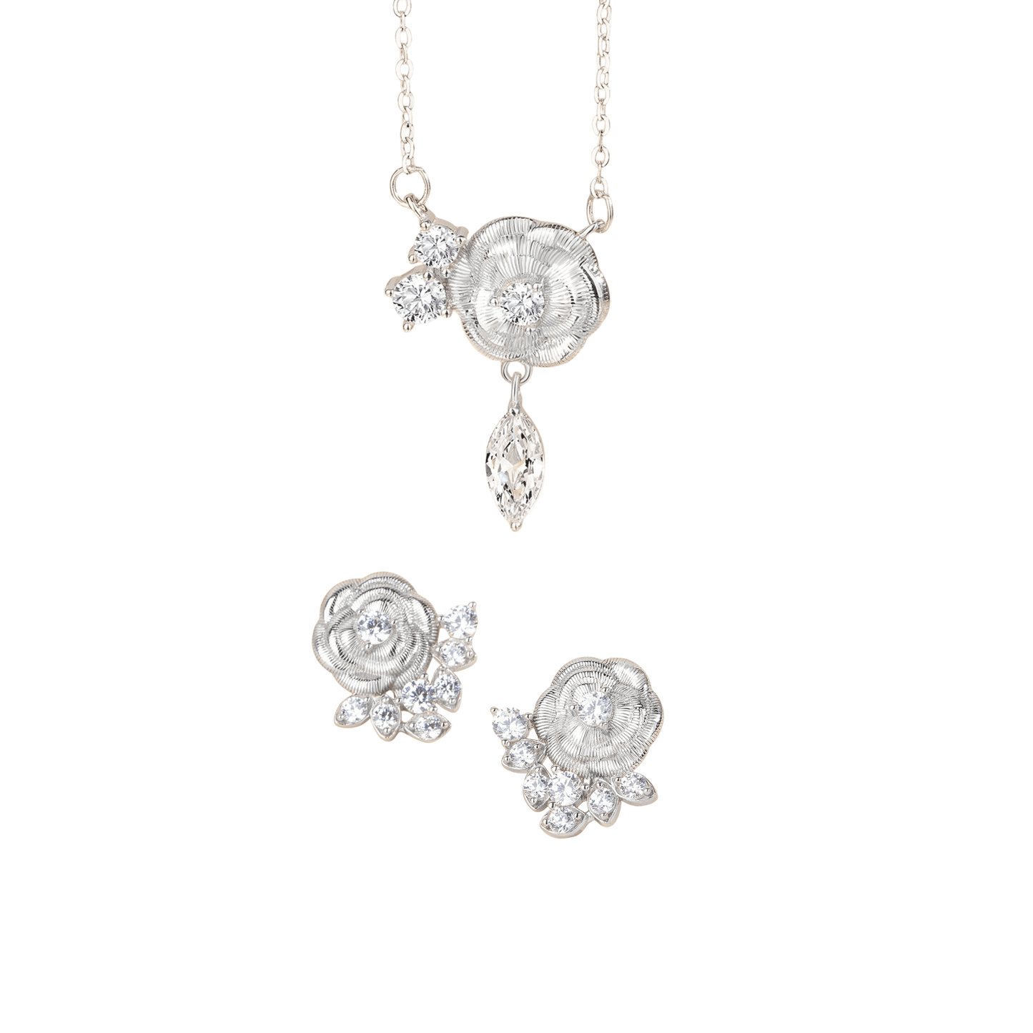 “Camellia Muse” S925 Sterling Silver Vintage Brushed Camellia Jewelry Set (Necklace & Earrings)