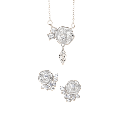 “Camellia Muse” S925 Sterling Silver Vintage Brushed Camellia Jewelry Set (Necklace & Earrings)