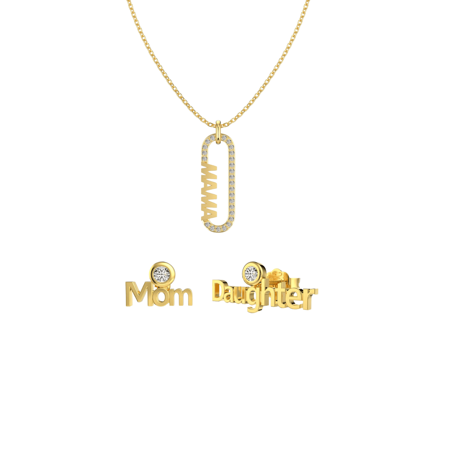 “Mama Link” S925 Sterling Silver Pavé Mom Jewelry Set (Necklace & Earrings)