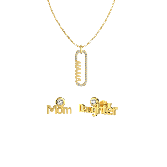 “Mama Link” S925 Sterling Silver Pavé Mom Jewelry Set (Necklace & Earrings)