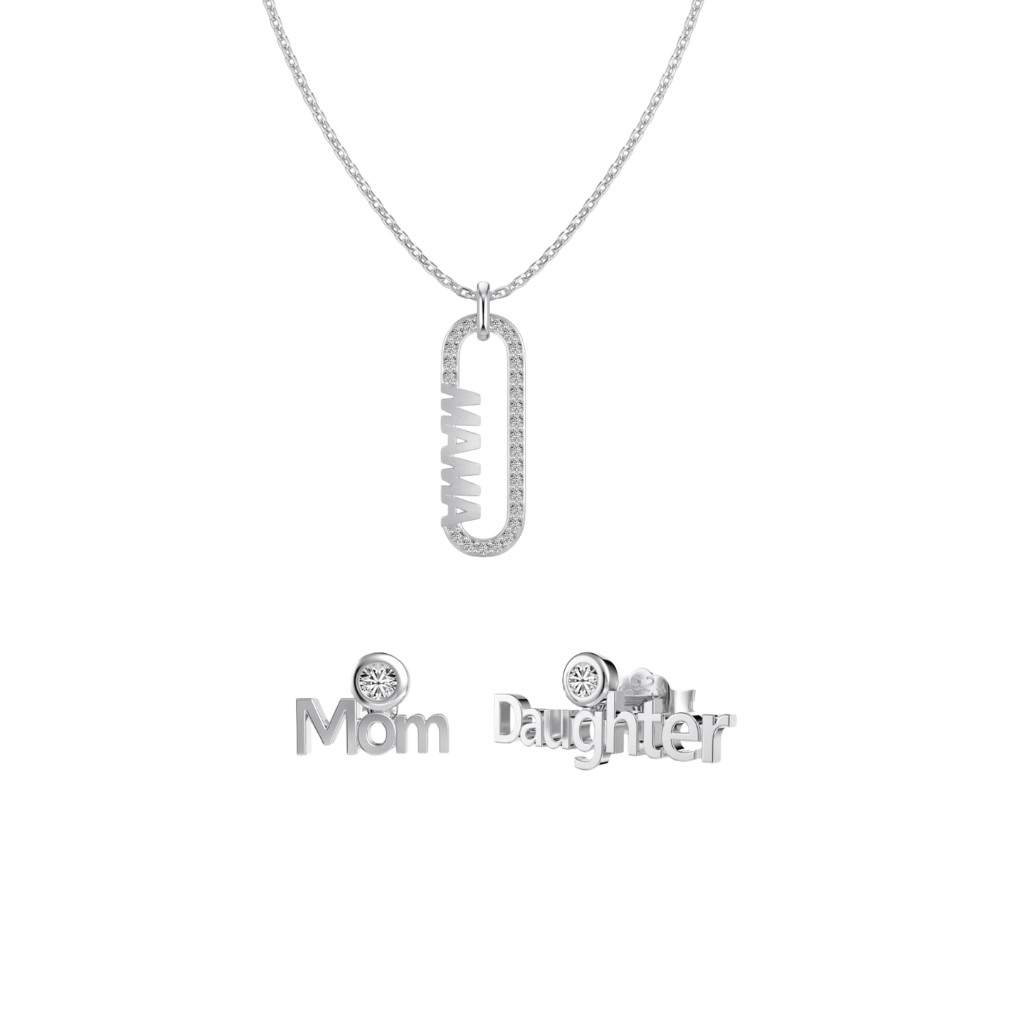 “Mama Link” S925 Sterling Silver Pavé Mom Jewelry Set (Necklace & Earrings)