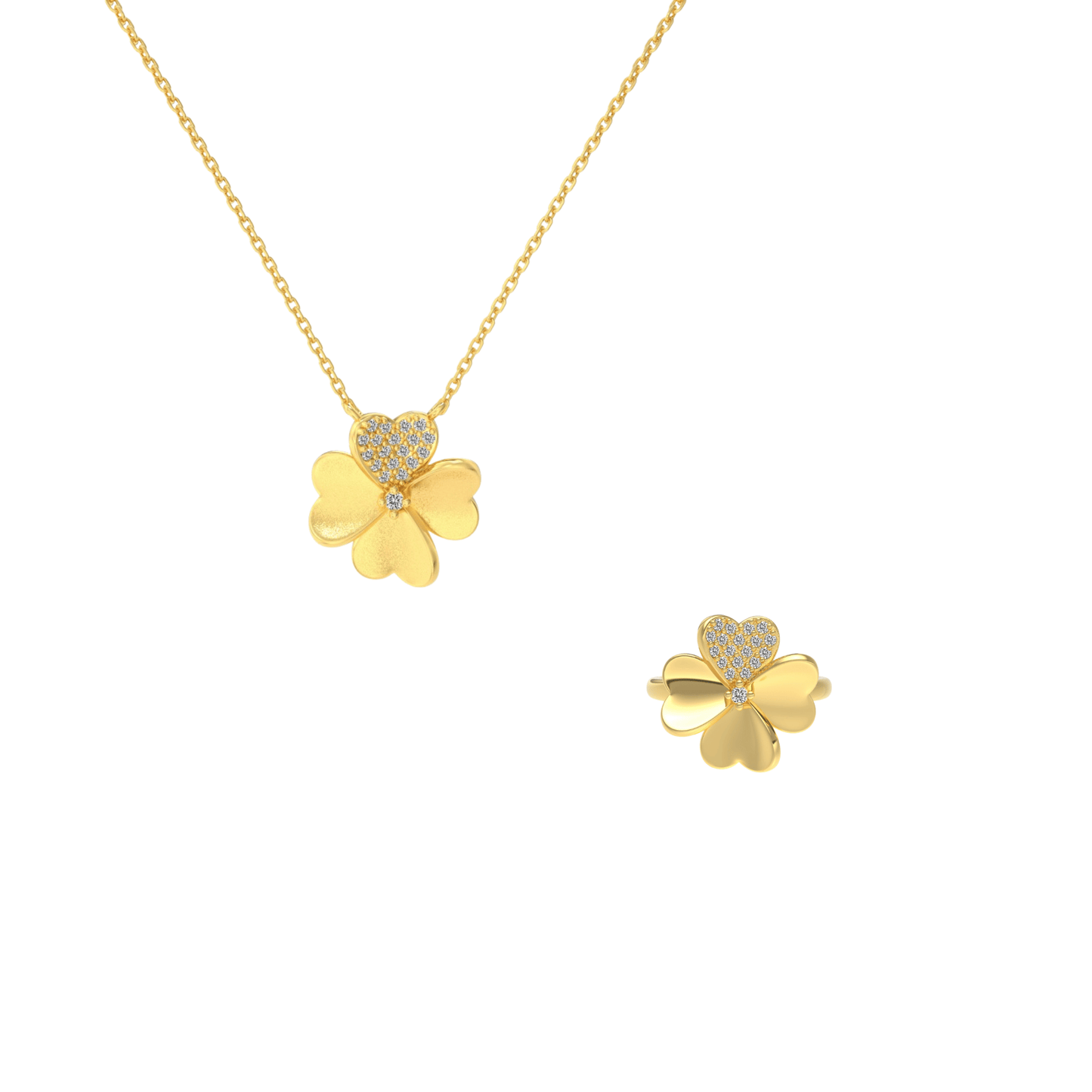 “Lucky Heart Clover” S925 Sterling Silver Heart Clover Jewelry Set (Necklace & Ring)