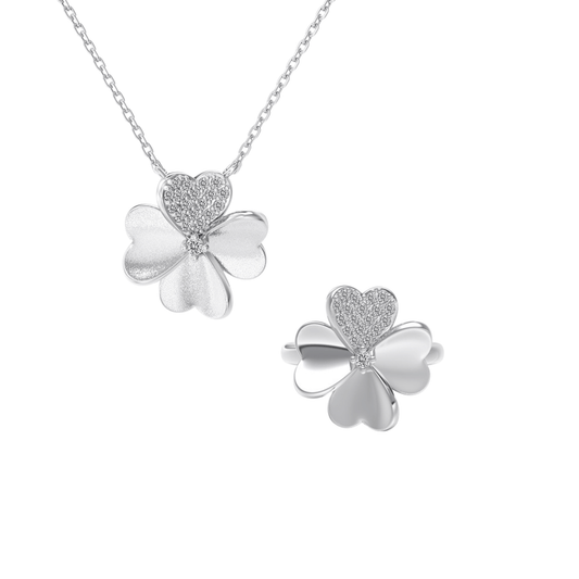 “Lucky Heart Clover” S925 Sterling Silver Heart Clover Jewelry Set (Necklace & Ring)
