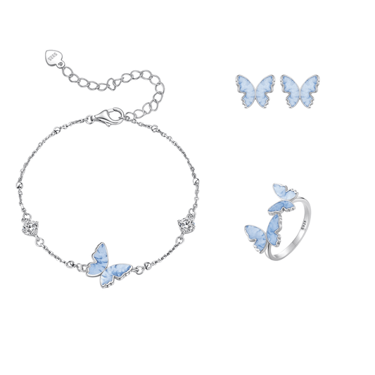 “Frostwing Butterfly” 925 Sterling Silver Blue Enamel Butterfly Jewelry Set