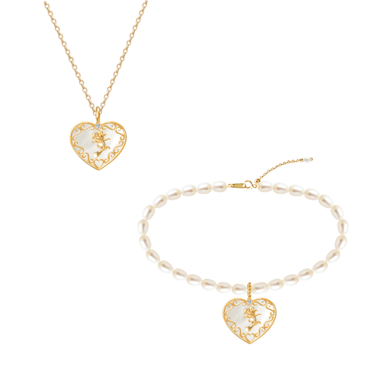 “Rose Reverie” S925 Sterling Silver Mother-of-Pearl Rose Pearl Jewelry Set (Necklace & Bracelet)