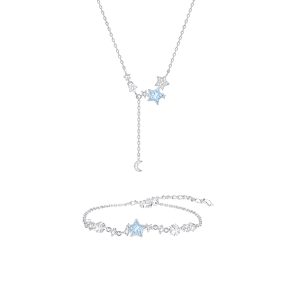 “Frosted Luna” S925 Sterling Silver Icy Blue Moon & Star Tassel Jewelry Set