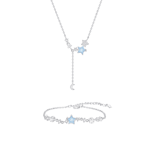 “Frosted Luna” S925 Sterling Silver Icy Blue Moon & Star Tassel Jewelry Set