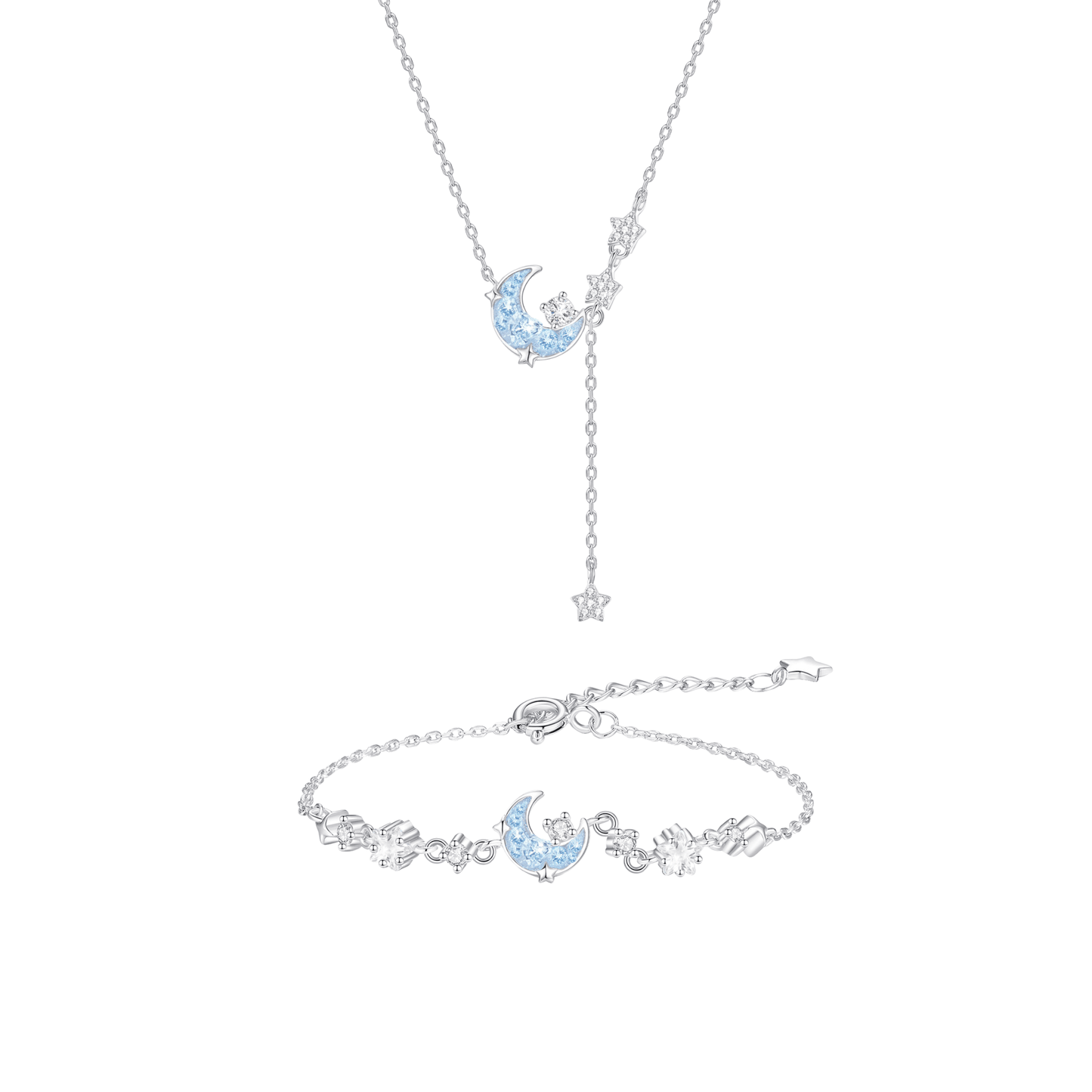 “Moonlit Aurora” S925 Sterling Silver Blue Moon Star Tassel Jewelry Set